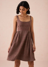 A Model Wearing Brown Handwoven Cotton Hazel Sun Handspun Handwoven Organic Cotton Pleated Mini Dress, curated by Only Ethikal